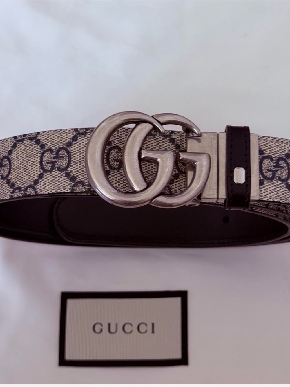 Gucci Beige/Black GG Supreme Canvas Belt with Silver Double G Buckle